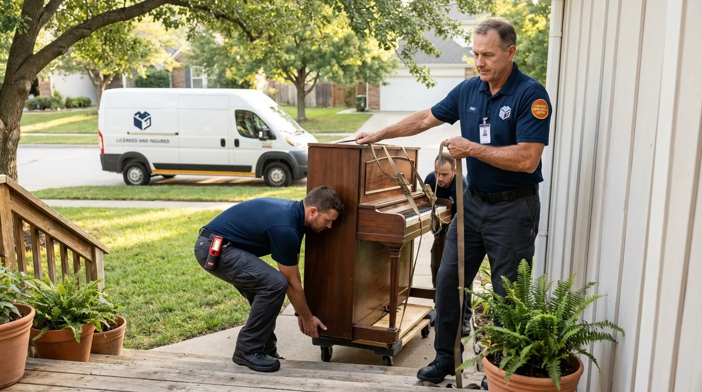 Licensed piano movers securing grand piano in North Platte, NE