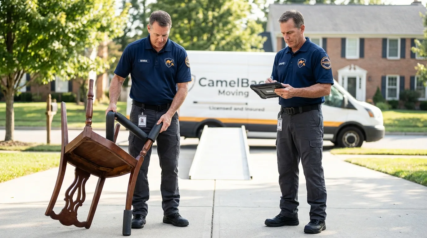Movers inspecting furniture for damage prevention before loading in North Platte, NE