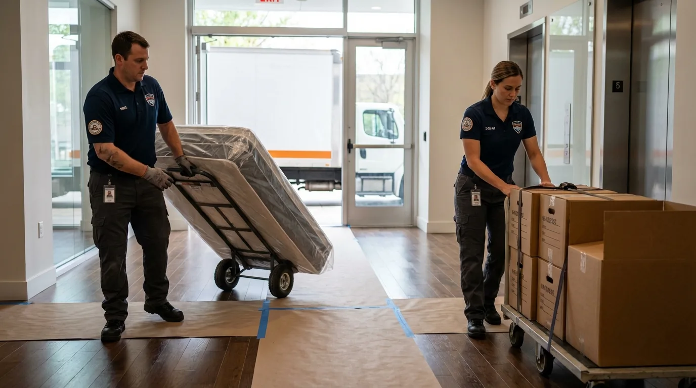 Professional apartment movers loading elevator in North Platte, NE